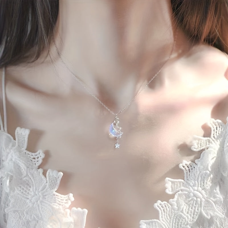 Moonstone Star Pendant Necklace Delicate Moon Splash Star River