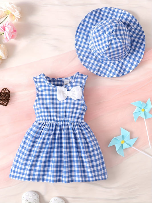 2pcs Baby Girls Plaid Bowknot Sleeveless Dress & Hat Set for Summer
