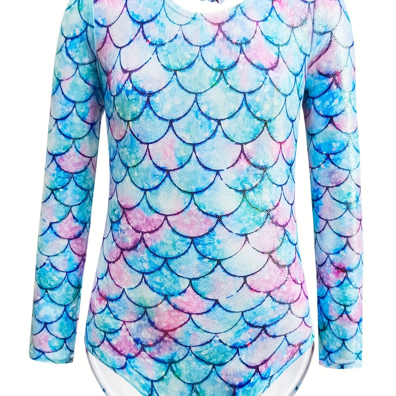 Girls Fish Scale Print Long Sleeve Gymnastic Romper