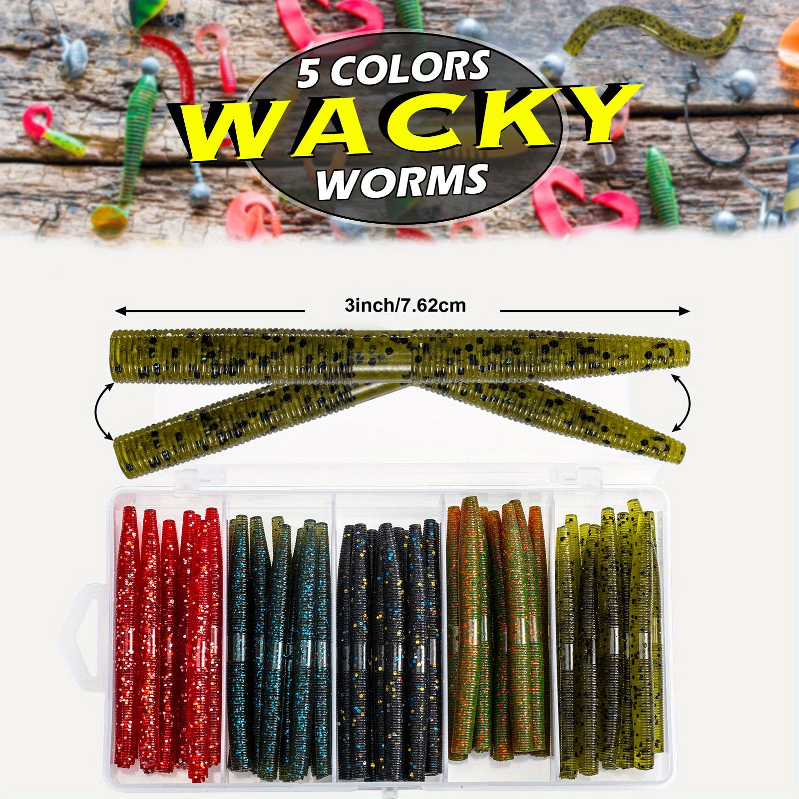 50pcs Senko Worms Fishing Lures Kit, Soft Plastic Bait for Bass Trout