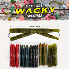 50pcs Senko Worms Fishing Lures Kit, Soft Plastic Bait for Bass Trout