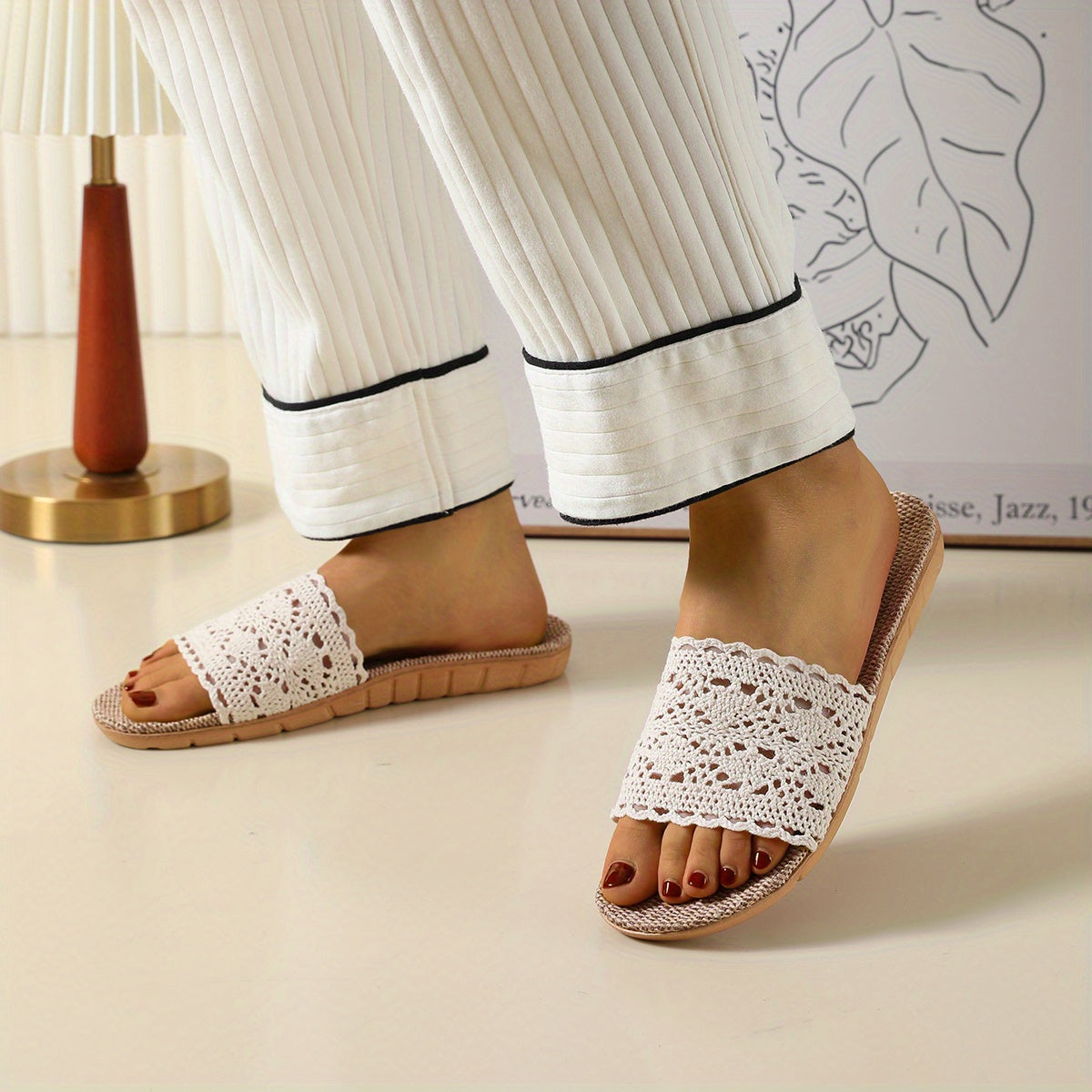Women's Breathable Mesh Linen Slippers Open Toe Hollow Out Solid Slip On Slides