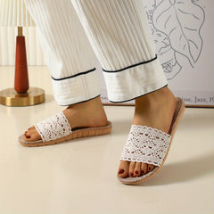 Women's Breathable Mesh Linen Slippers Open Toe Hollow Out Solid Slip On Slides