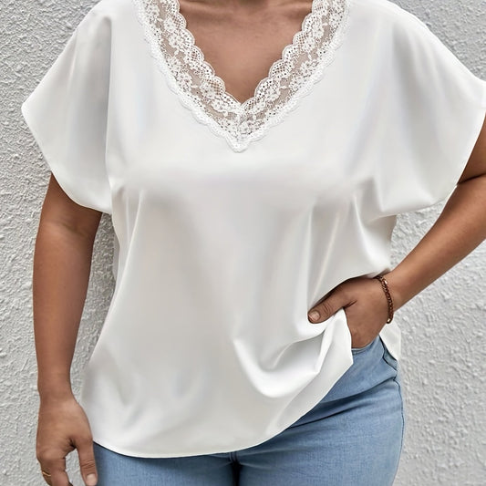  Solid Lace Bat Sleeve V Neck Tee Blouse