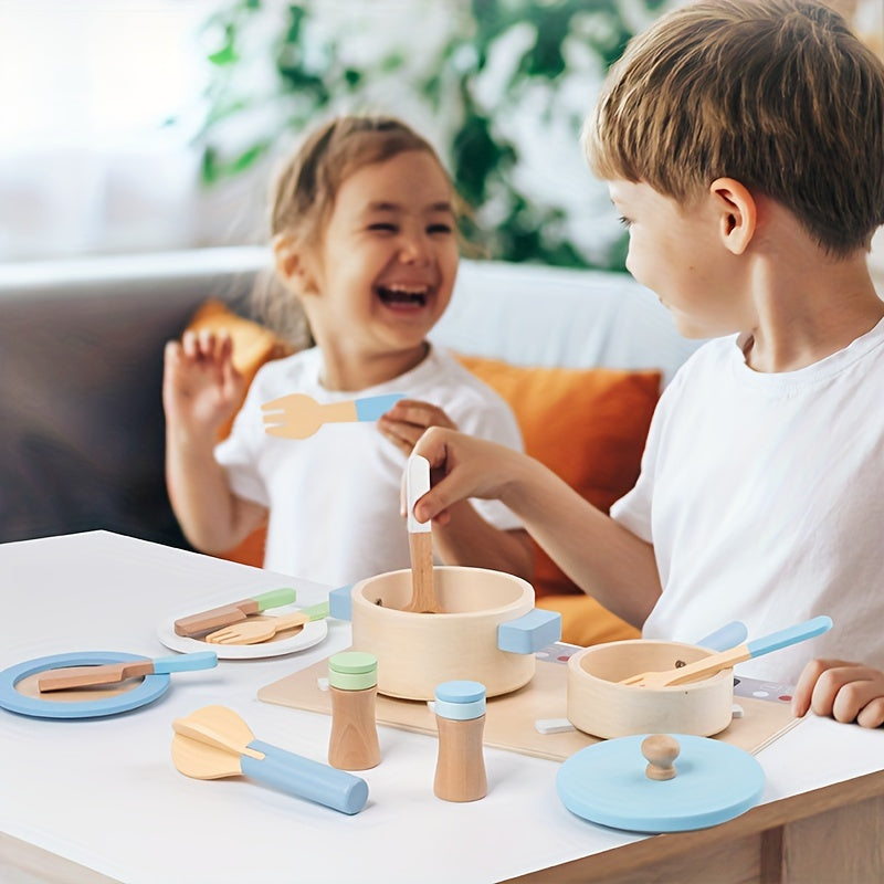 Wooden Play Kitchen Set with Plates & Utensils Kids' Cooking Toy