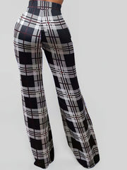  Plaid Print High Rise Wide Leg Trousers