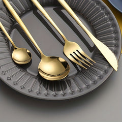 24 Pcs Golden Stainless Steel Cutlery Set Mirror Flatware Portuguese Spoon