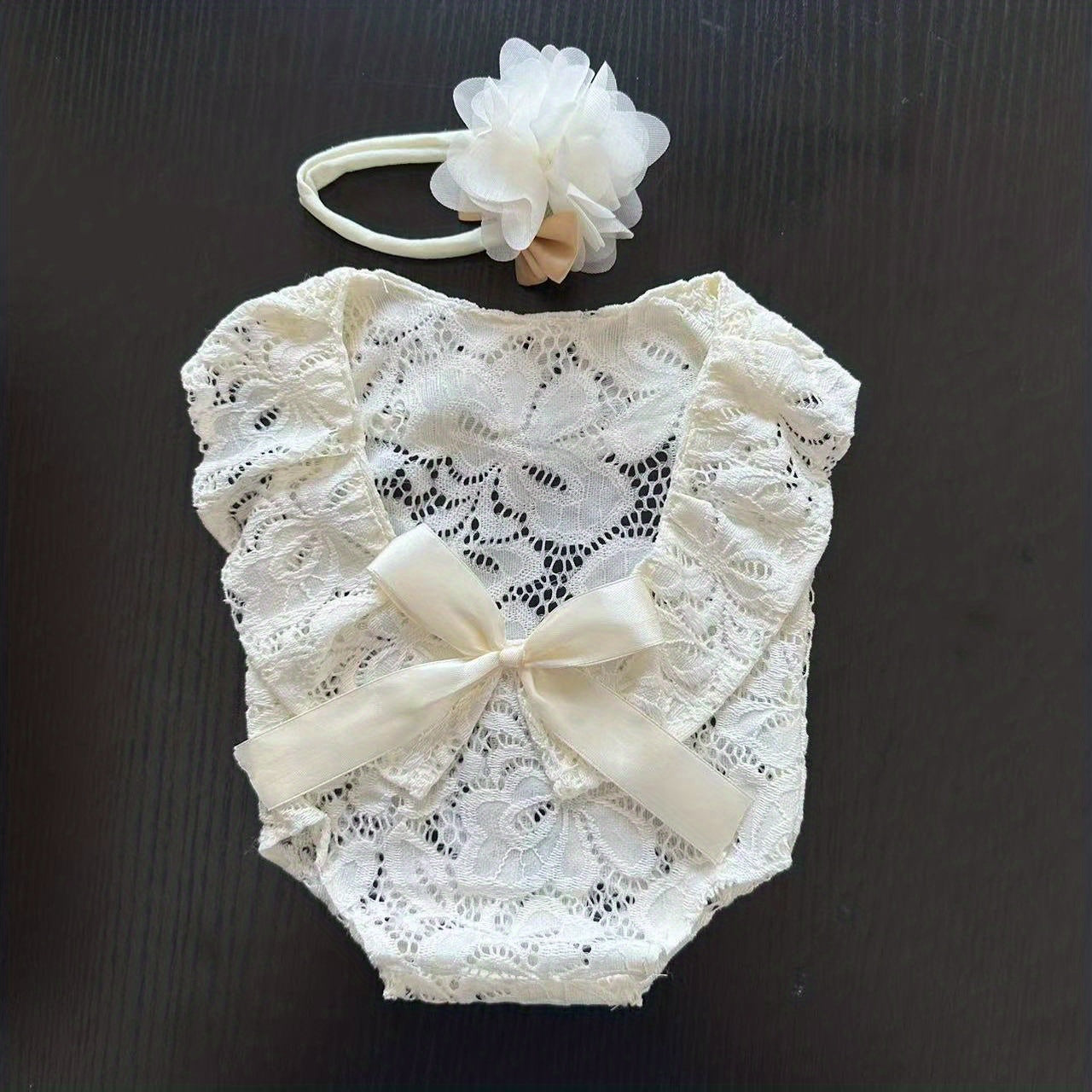 Baby Bow Lace Photography Suit Set Rose Red Beige Skin