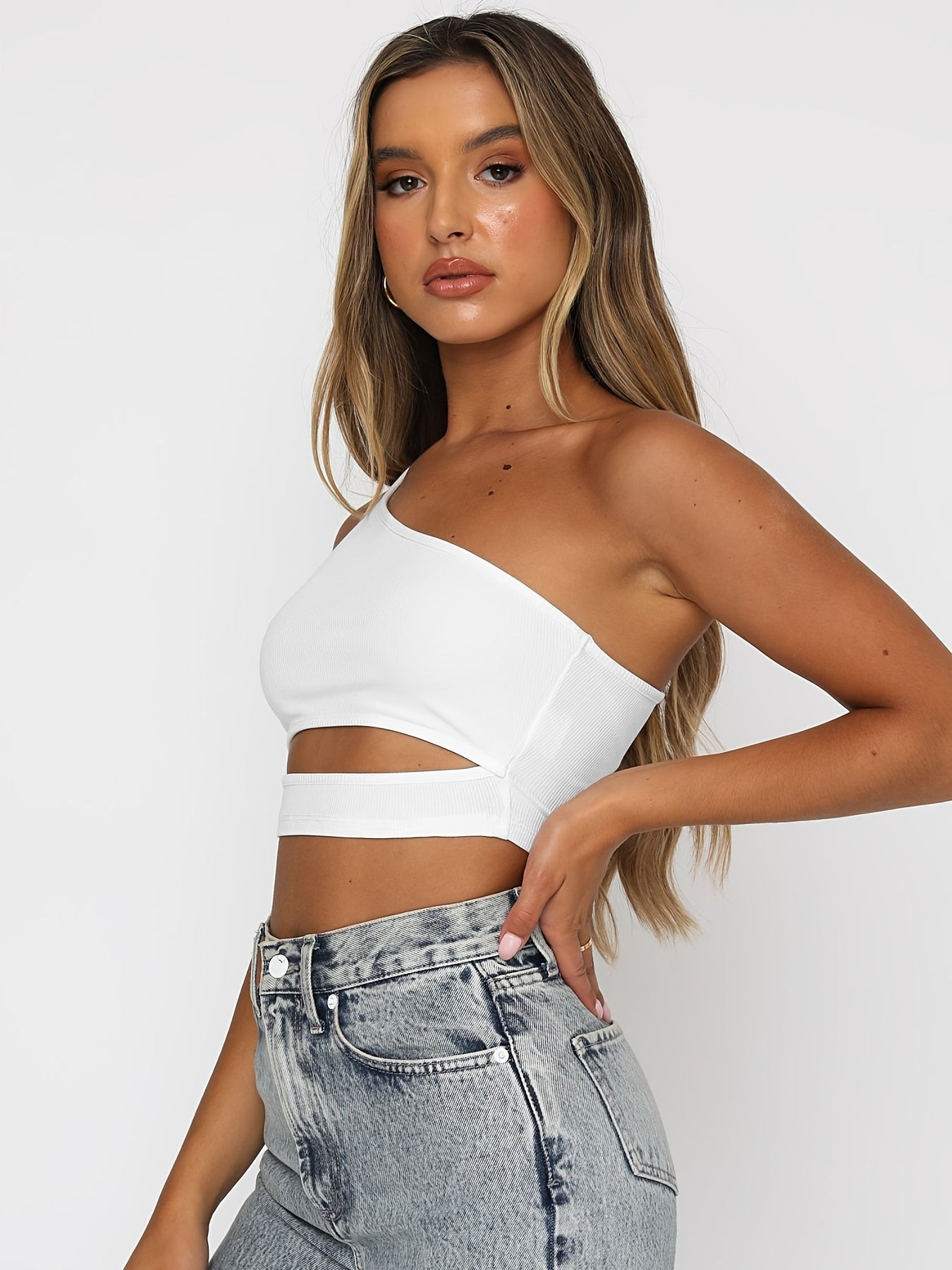 One Shoulder Crop Tube Tops Solid Slim Fit Crop Tops Women's Clothing