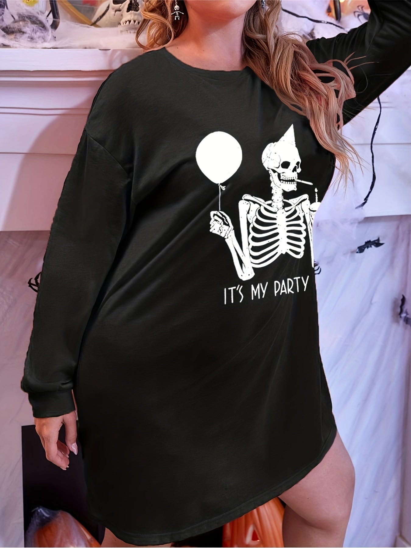  Halloween Skull Print Long Sleeve Tee Sleep Dress