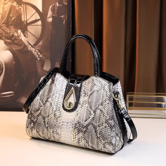Women's Snake Pattern Tote Handbag Golden Tone Accents