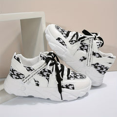 Women's Houndstooth Knit Sneakers Lace Up Low Top Platform Shoes