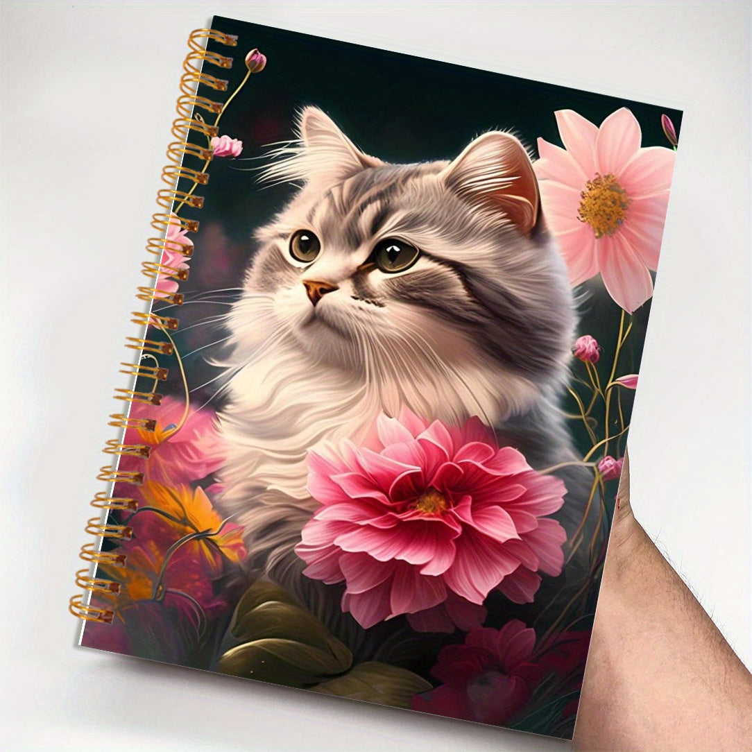 Charming Cat & Pink Flowers Notebook - 50 Pages
