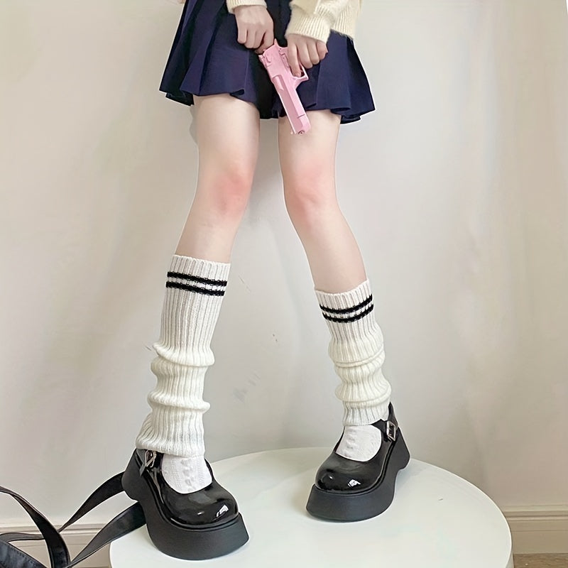 Striped Knitted Leg Warmers Colorblock Knee High Socks