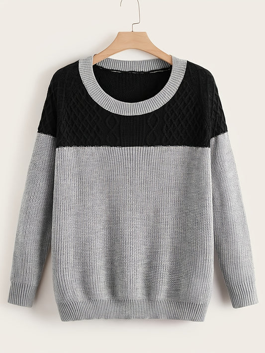 Colorblock Round Neck Long Sleeve Sweater Plus Size