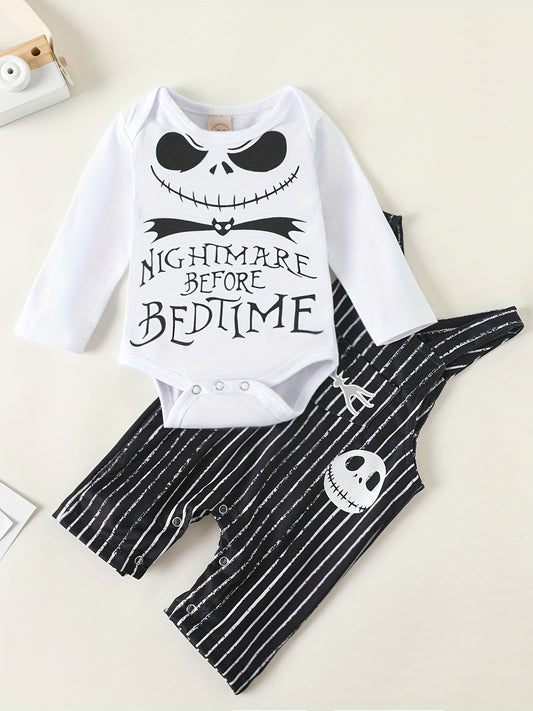Baby Boys Halloween Printed Cotton Costume Strap Romper & Skull Trousers