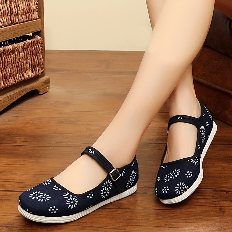 Women's Floral Print Canvas Shoes Casual Ankle Strap Outdoor Shoes