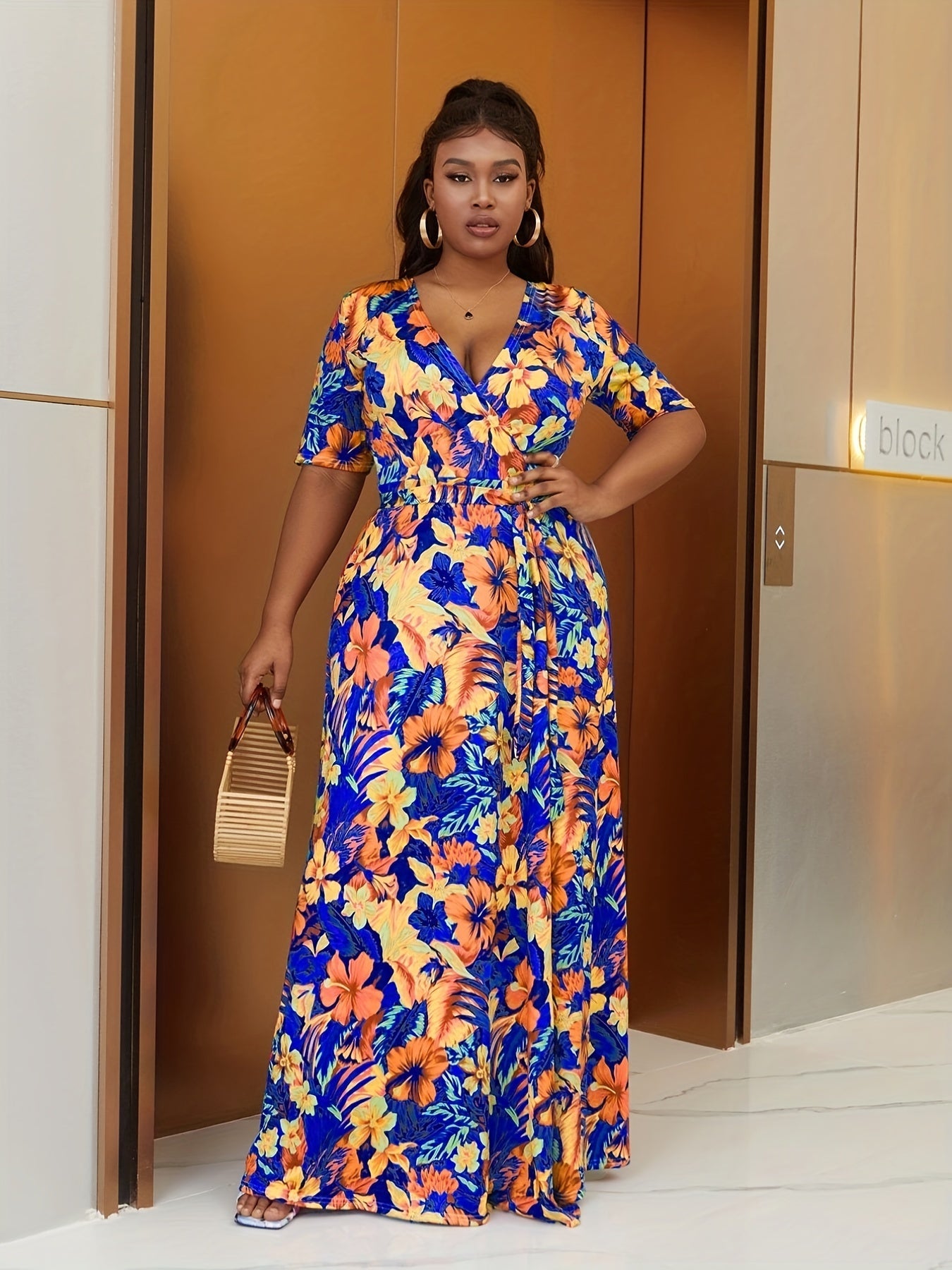  Flower Print High Waist Wrap Maxi Dress