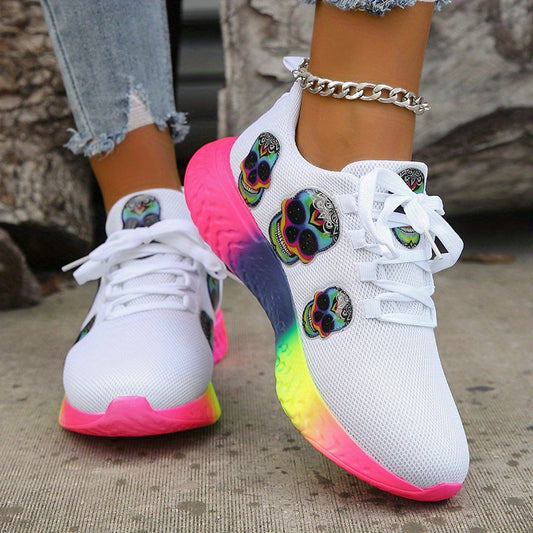 Colorful Skull Pattern Sneakers Lace Up Knit Mesh Shoes Lightweight Breathable