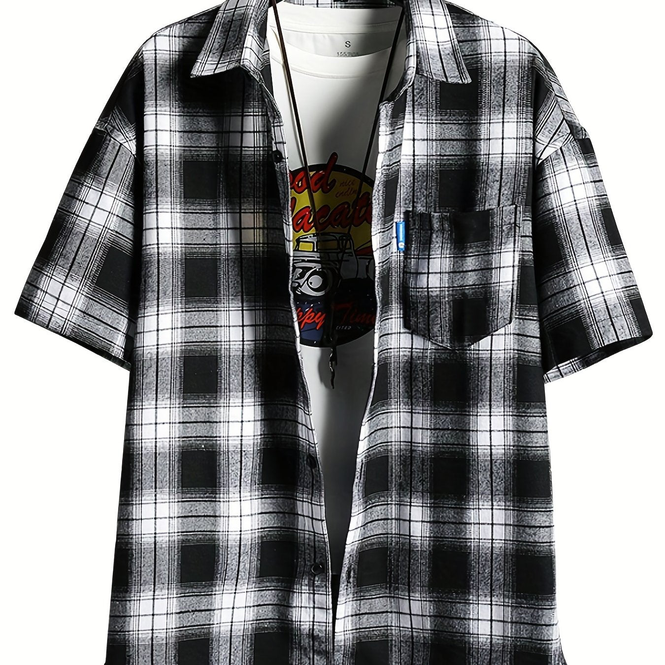 Plaid Print Men's Casual Short Sleeve Shirt With Pocket for Summer