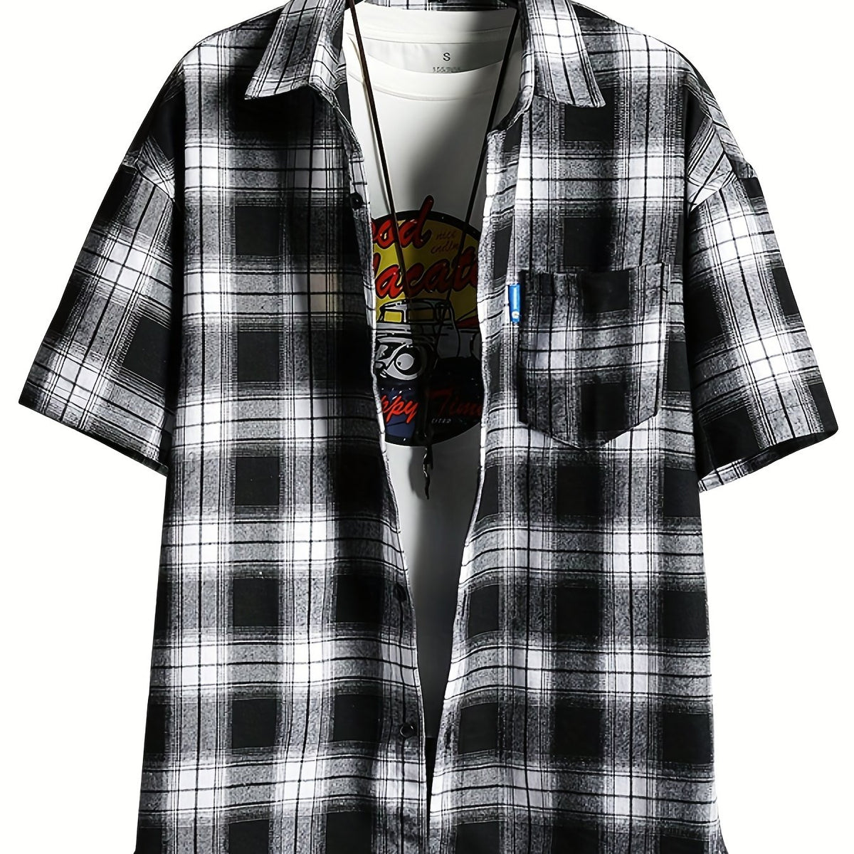Plaid Print Men's Casual Short Sleeve Shirt With Pocket for Summer