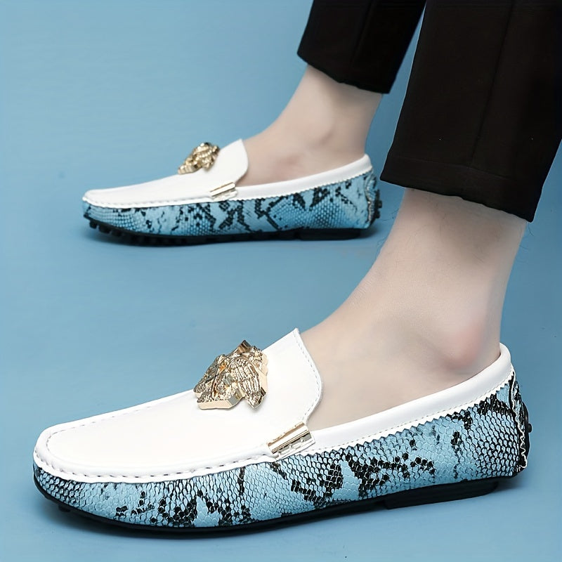 Women's Metal Decor Loafers Snakeskin Print Slip-On Shoes