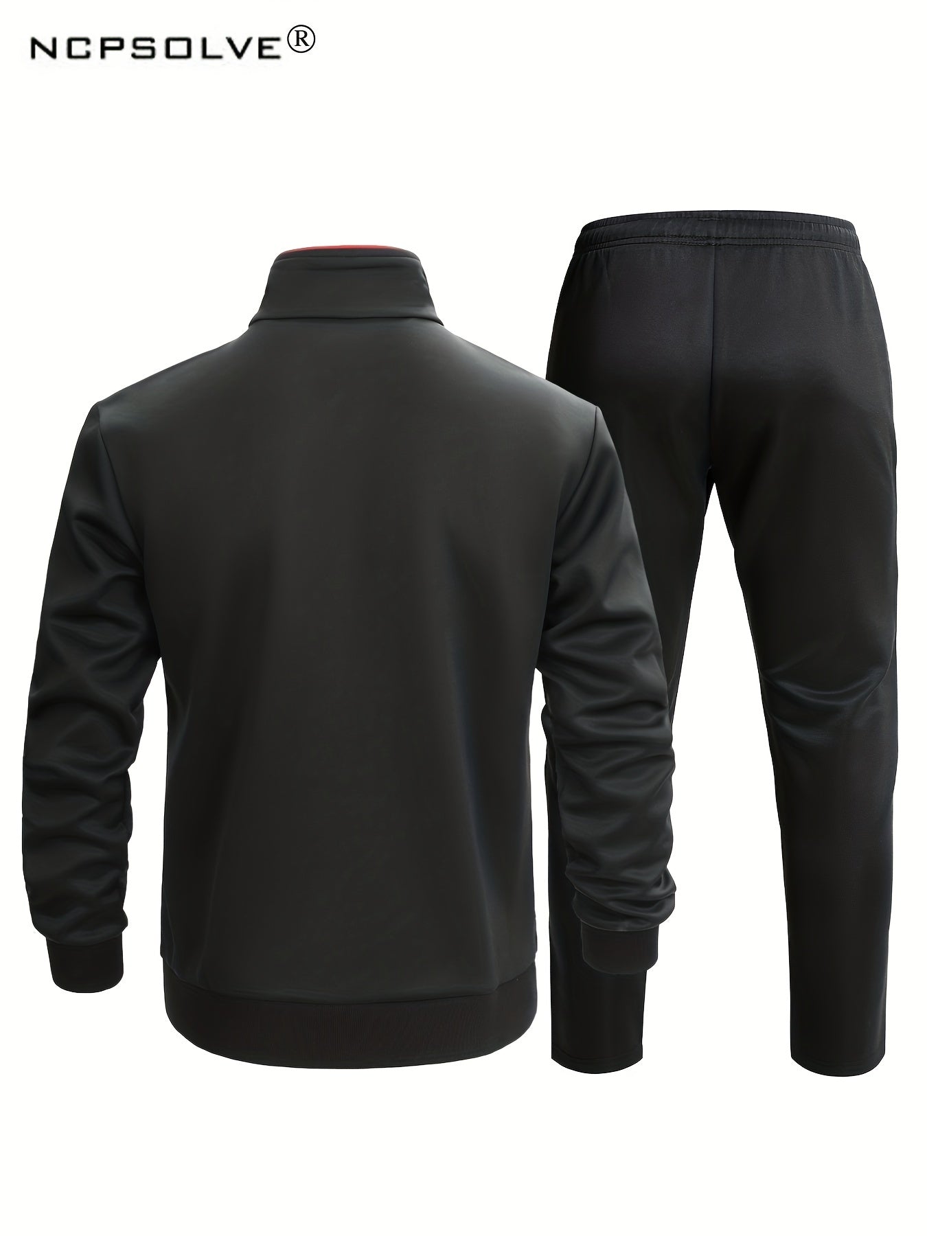 2pcs Men's Suit Stand Collar Zip Up Jacket & Elastic Waist Pants