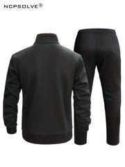 2pcs Men's Suit Stand Collar Zip Up Jacket & Elastic Waist Pants