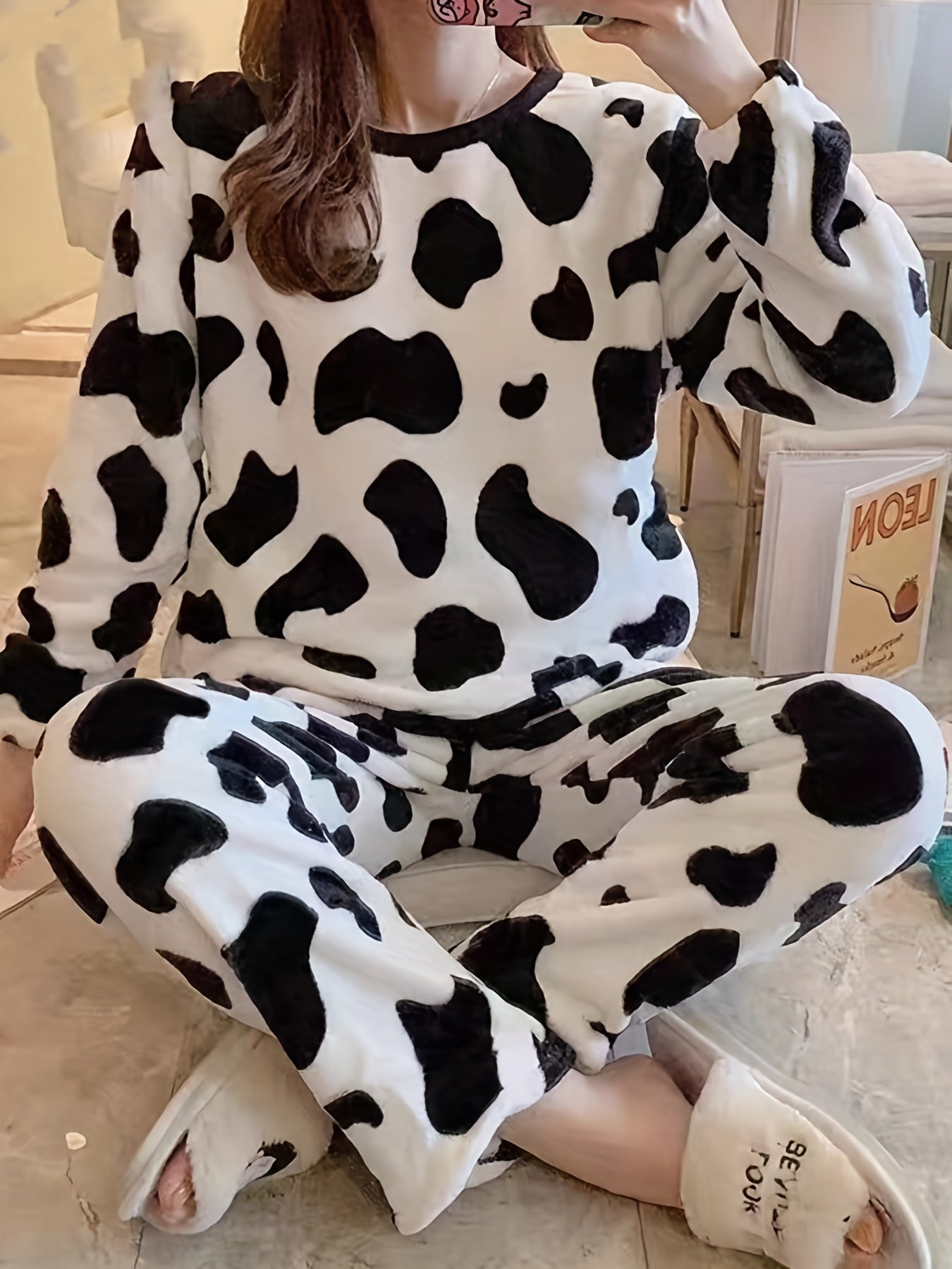 Cow Spots Print Pajama Set Long Sleeve Crew Neck Top & Cozy Pants
