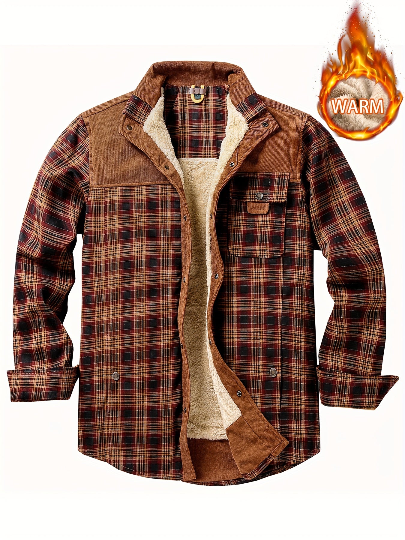 Men's Plaid Print Jacket Windproof Thermal Lapel Winter Shirt
