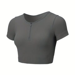 Seamless Sports Yoga Crop Tee Half Zipper Solid Activewear