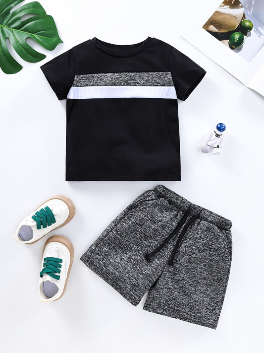 Boy's Block T Shirt & Drawstring Shorts Set for Summer