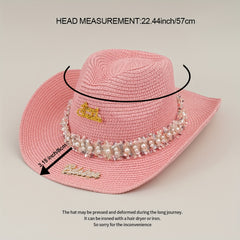Rhinestone Bride Cowboy Hat Faux Pearl Lace Hatband Decor Straw Jazz Hat