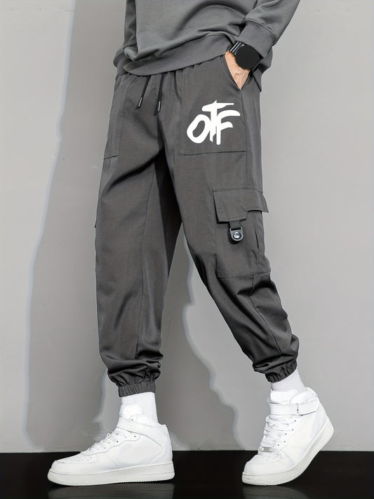 Casual Letter Print Cargo Pants with Drawstring