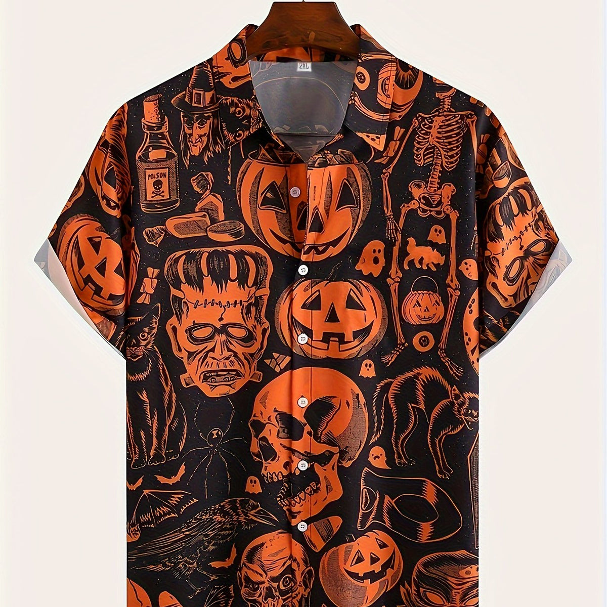 Men's Pumpkin Print Button Up Short Sleeve Shirt