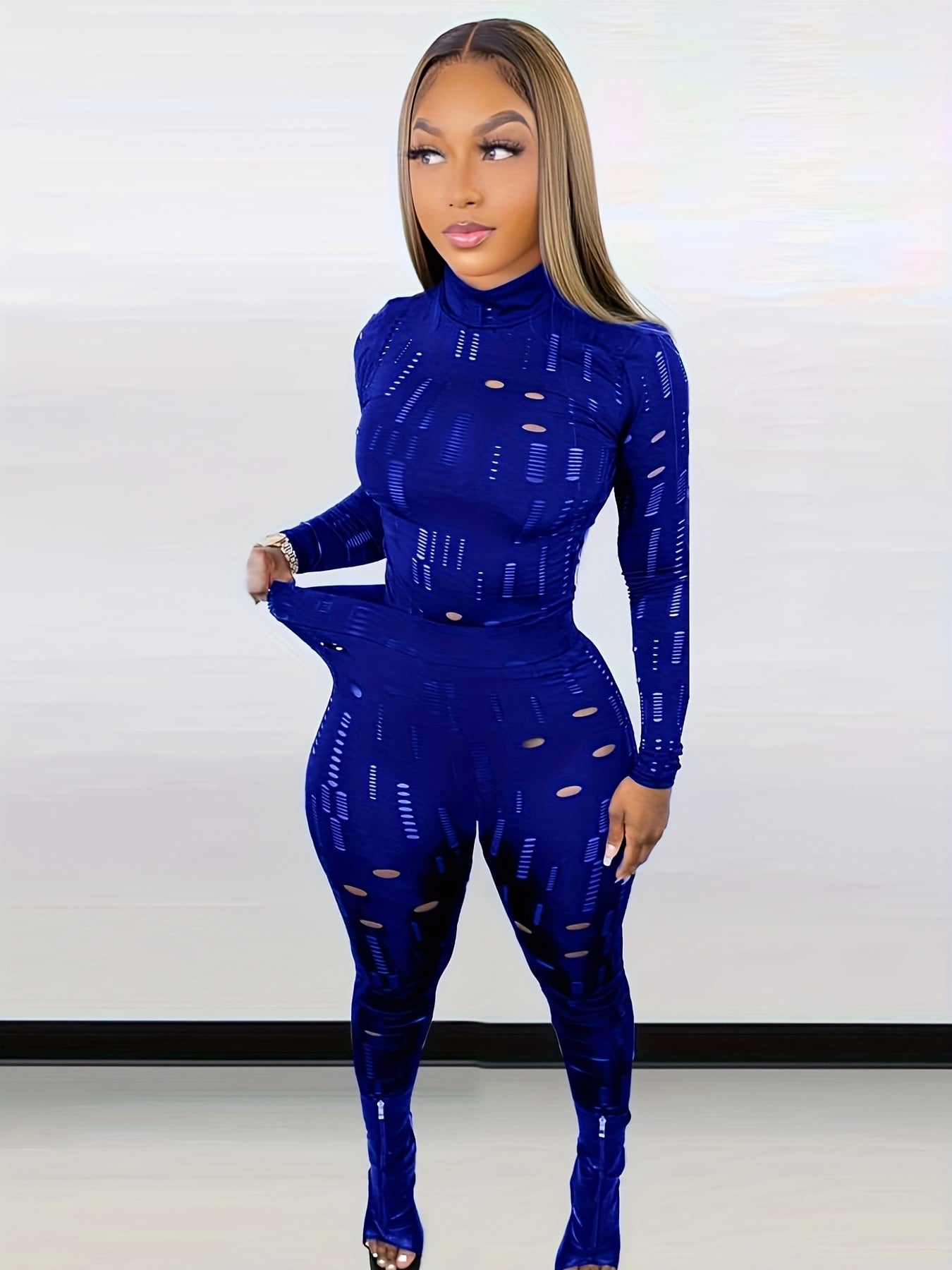 Sexy Cut Out 2pc Set Mock Neck Top & Skinny Pants Outfit