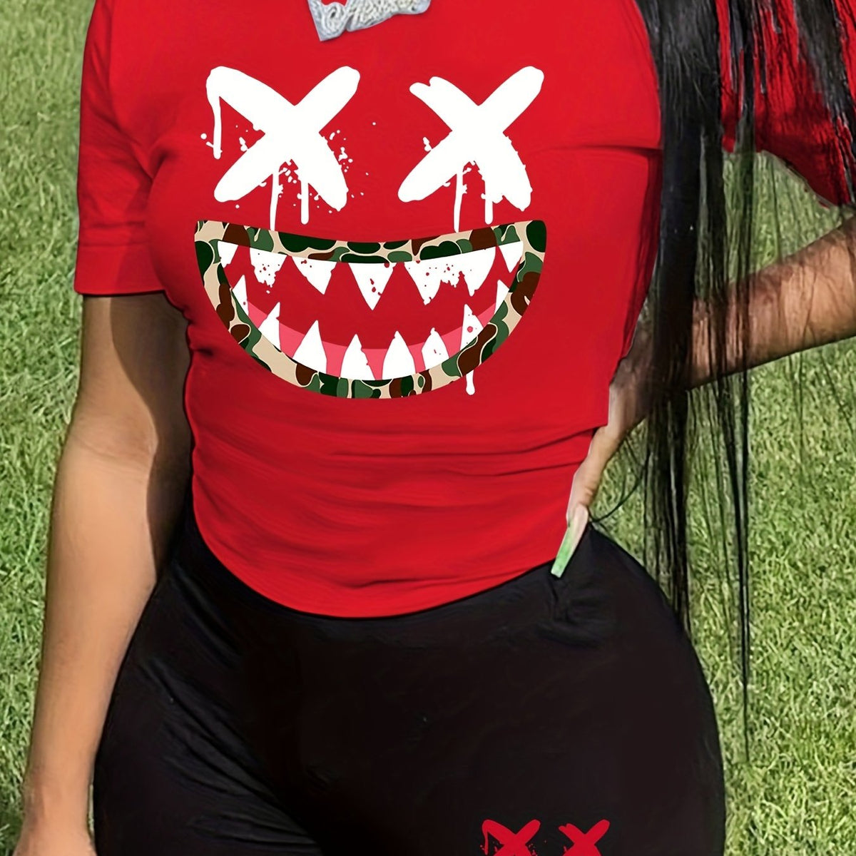 Graphic Print Two piece Set Crew Neck Short Sleeve Tee & Slim Shorts