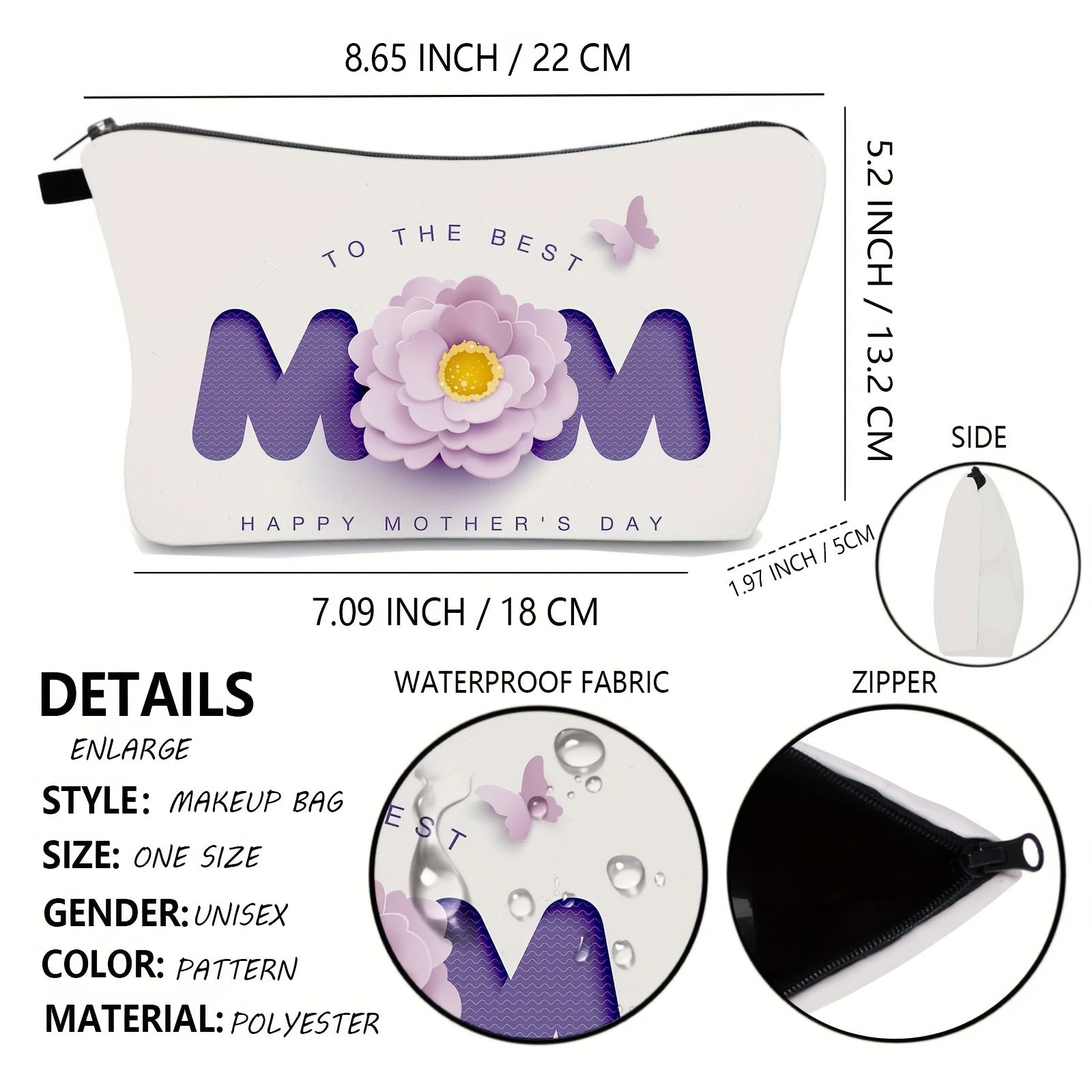 Butterfly Floral & Letter Pattern Makeup Bag Zipper Roomy Cosmetic Bag