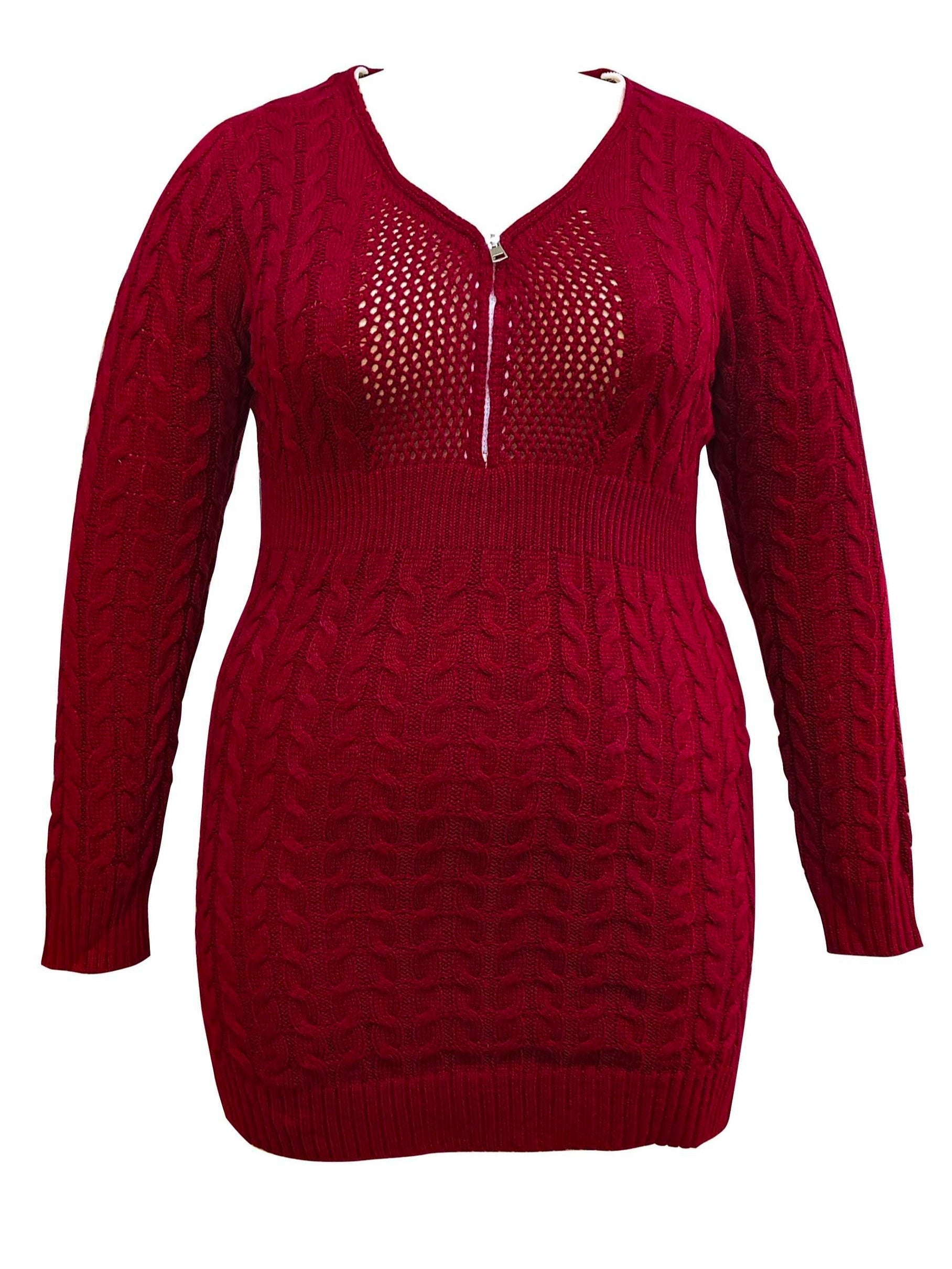 Solid Cable Long Sleeve V Neck Sweater Dress