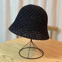 Solid Cloche Hat Hollow Crochet Bucket Hat for Spring & Summer