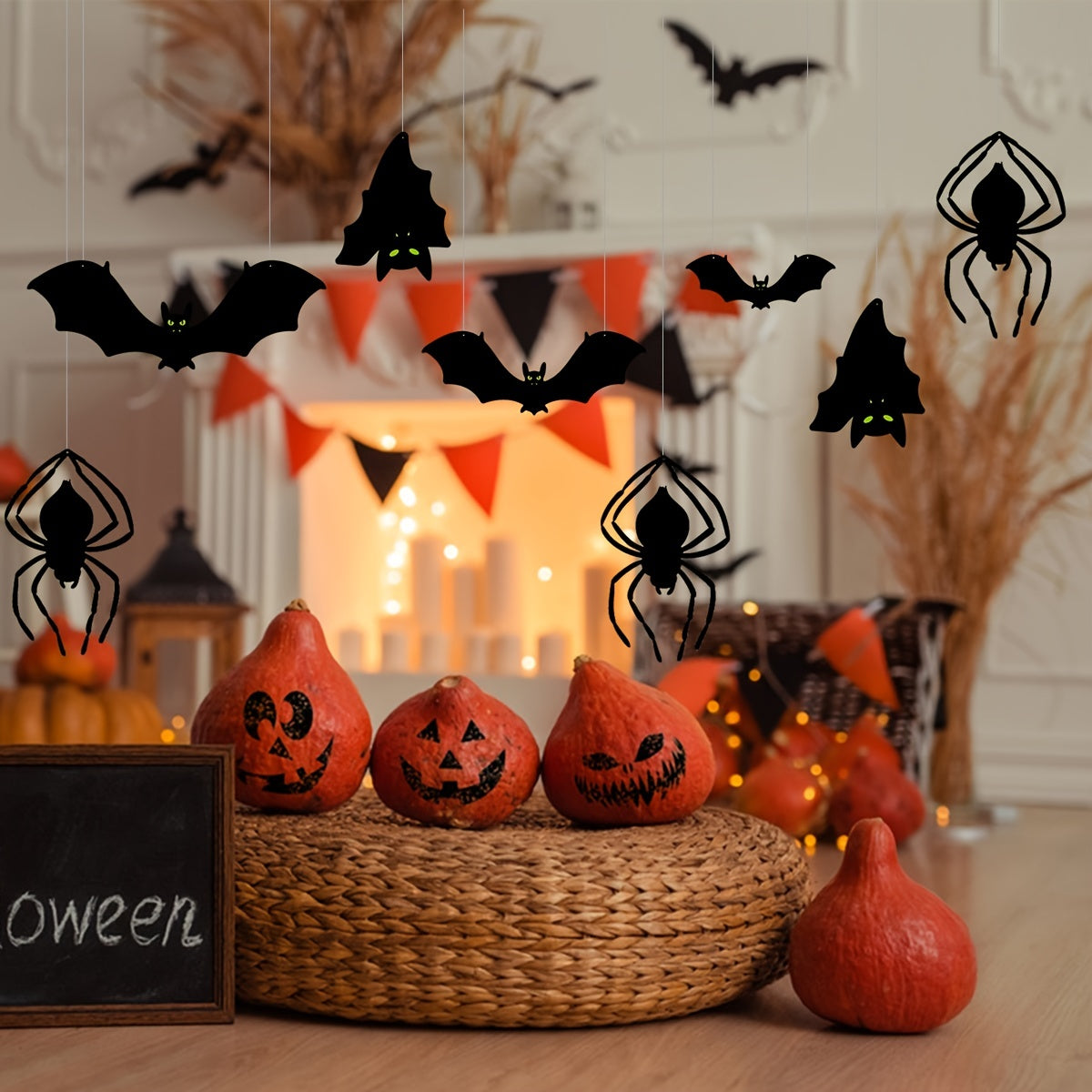 17pcs Halloween 3D Bats Hanging Ornaments Set Scary Spider Pendants