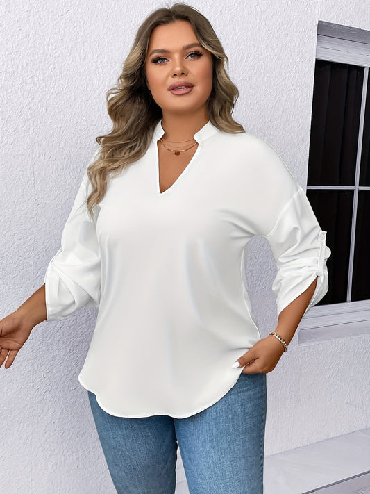  Solid Roll Up Sleeve Notched Neck Tunic Top