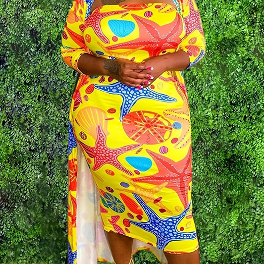  Graphic Print Tube Dress & Cardigan Set
