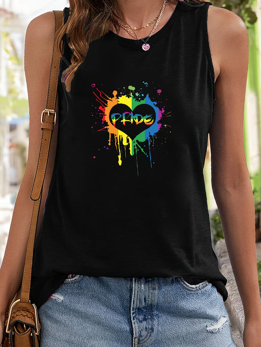 Heart Print Sleeveless Sports Vest Round Neck Stretchy Casual Tops for Women