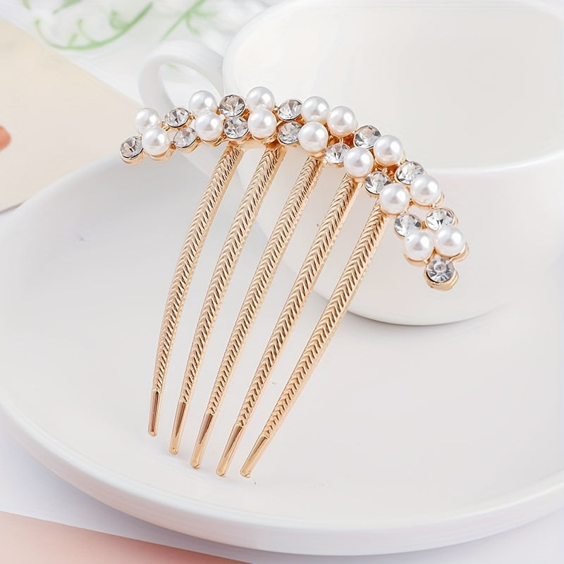 Rhinestone Faux Pearl Hair Comb Pin for Women