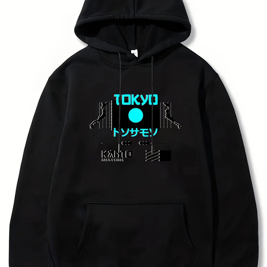 Japanese Tokyo Print Men's Round Neck Hooded Sweatshirt for Autumn Winter