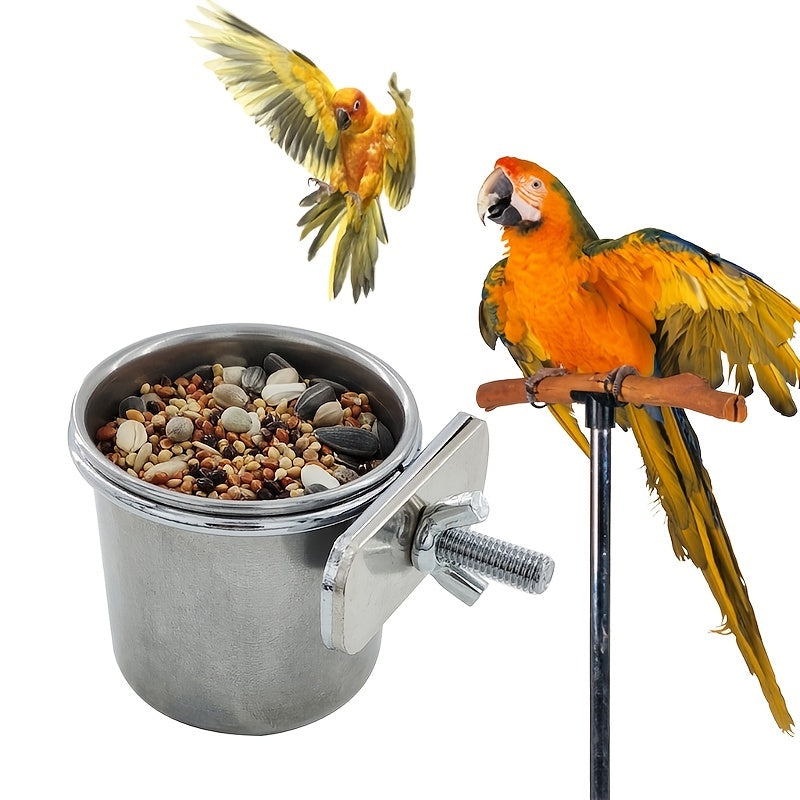 Stainless Steel Bird Feeding Cups with Clamp Holder for Parrot Food and Water