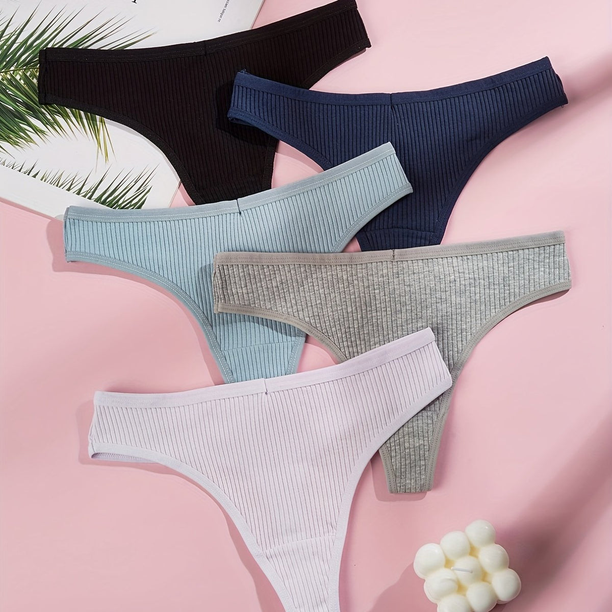 5pcs Solid Ribbed Thongs Comfy Stretchy Intimates Panties Women's Lingerie