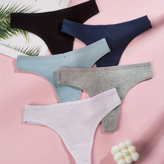 5pcs Solid Ribbed Thongs Comfy Stretchy Intimates Panties Women's Lingerie