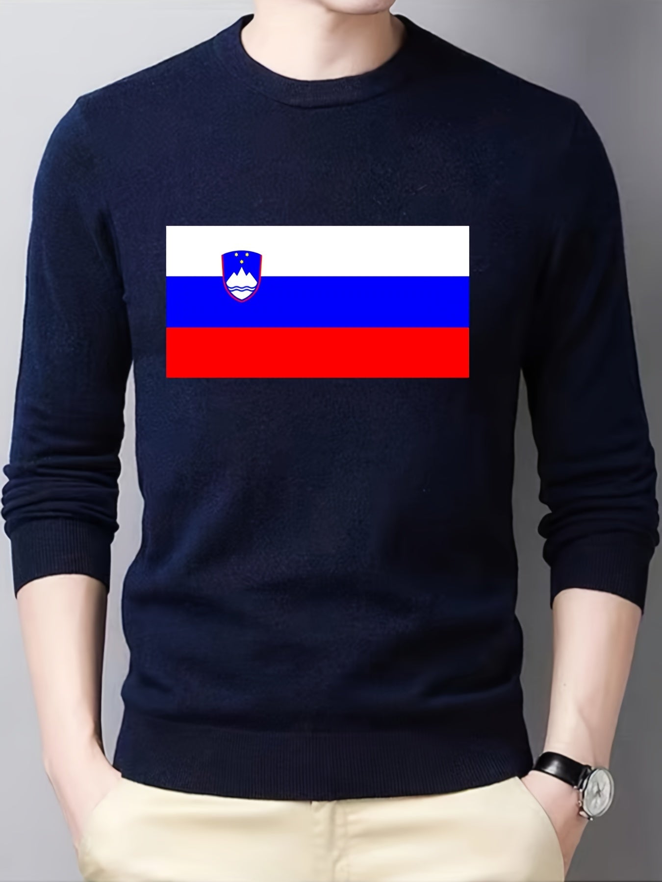 Slovenian Flag Print Men's Knitted Sweater Slim Fit Crew Neck Tops
